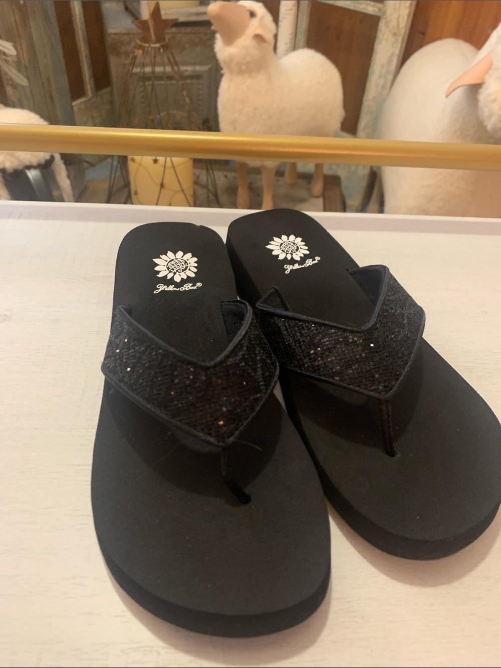 Yellow Box Black Sparkle Thong Sandals